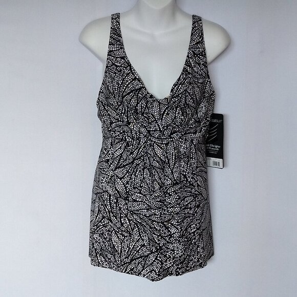 Miraclesuit Shore Leave Ayla Tankini Top Size 14 New NWT Black Gold White - Picture 1 of 6